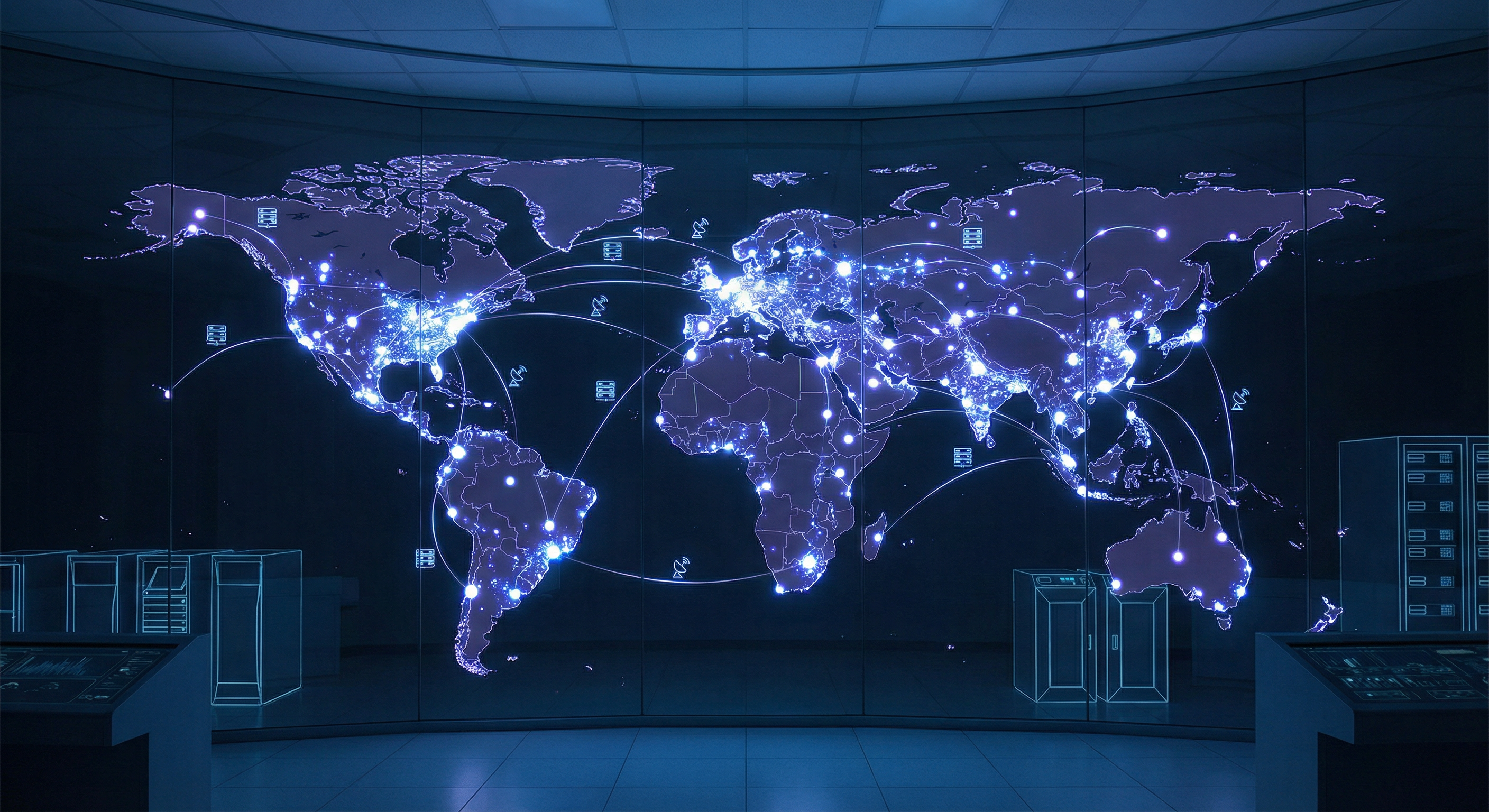 Global edge network map glowing nodes realistic
